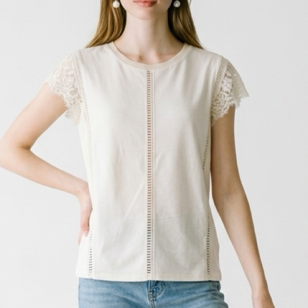 Sandro Lace Sleeve Crewneck Top in Cream T3/L